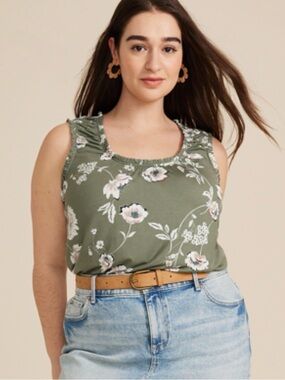 Maurices Olive Floral Ruffled Tank Top